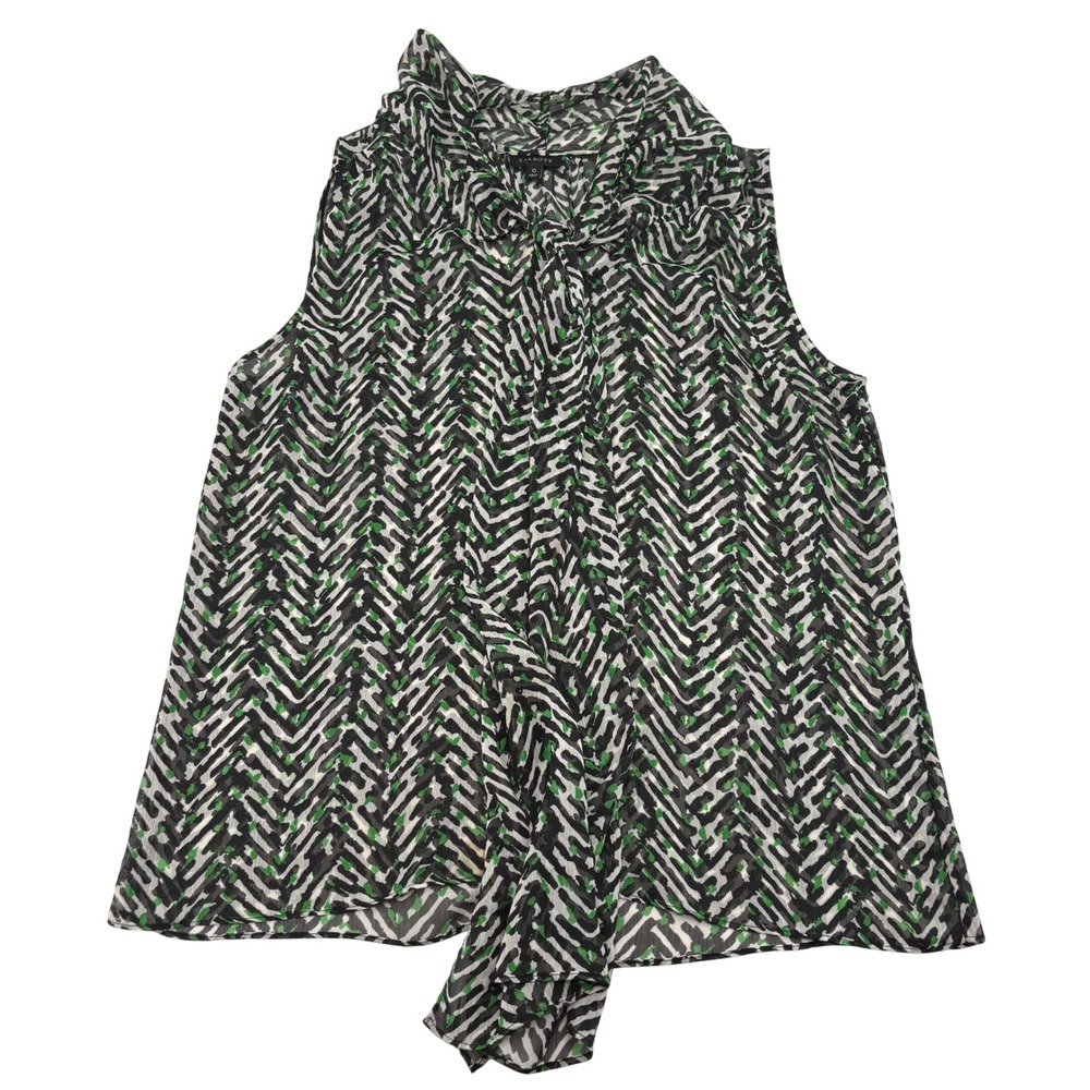 Talbots Womens Size 10 Sleeveless Tie Neck Blouse Black Green Chevron Print